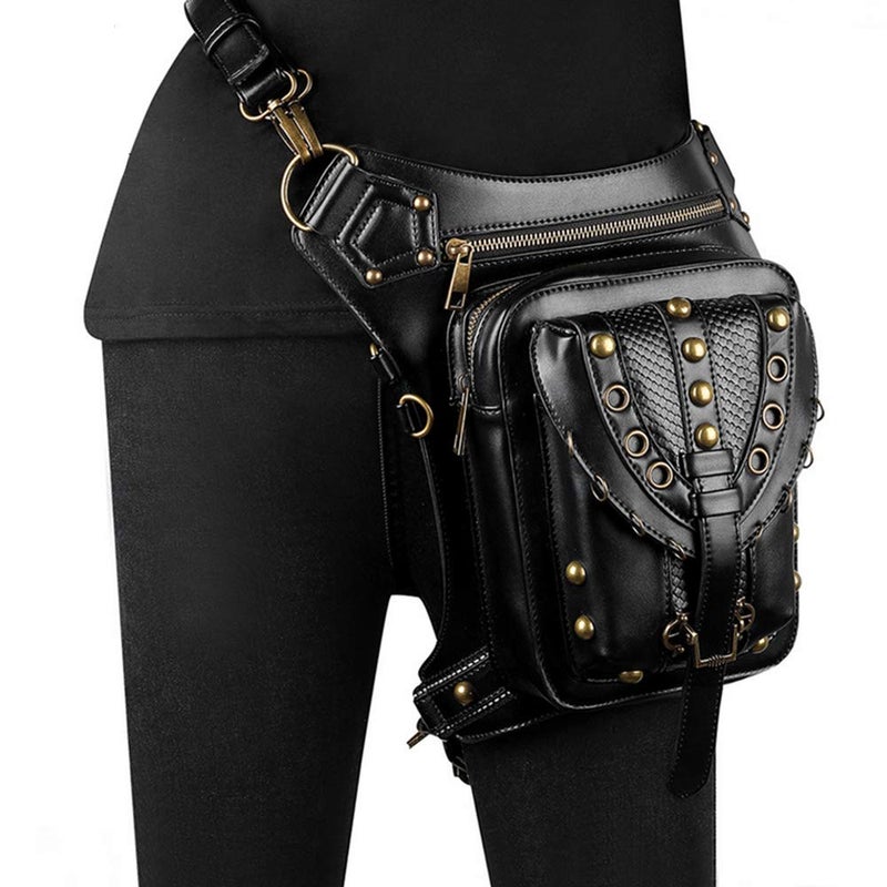 Chikencall Gothic Steampunk Waist Bag Drop Leg Arm Bag Pack Waist Shoulder Fanny Pack Purse Pouch (Black-B) - Image 2